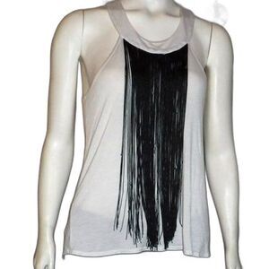 Charlotte Russe Tank Top Cream Colored with Black Fringe Size M Button Neck